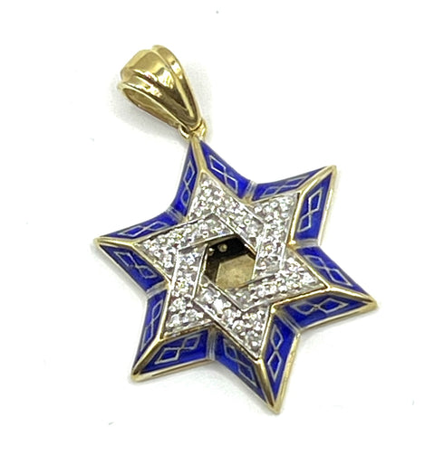 14K Gold & Diamond With Blue Enamel Star of David Necklace